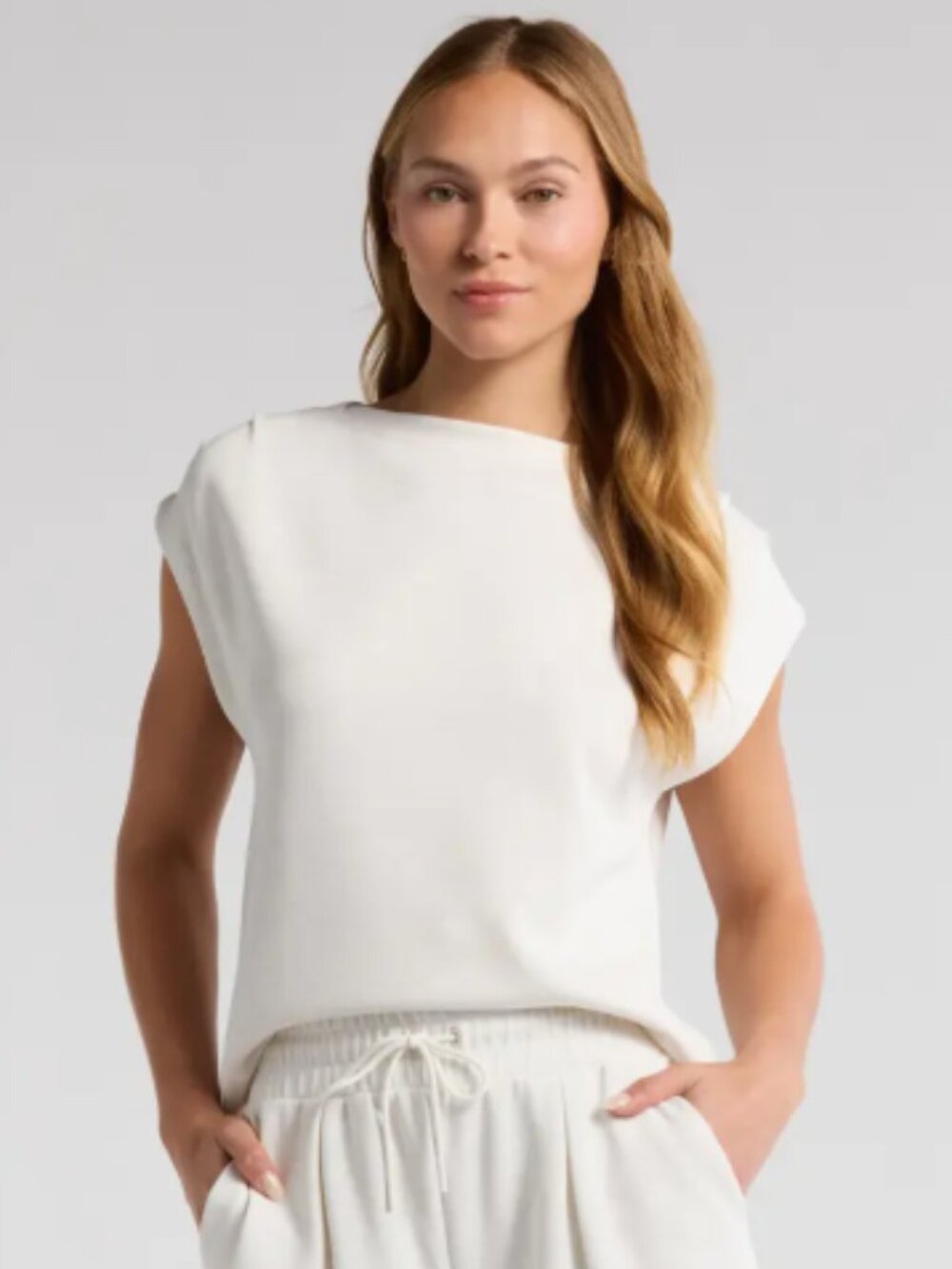 Zella Soft Luxe Knit Gathered Shoulder Top – Beige Ivory Heather – XS